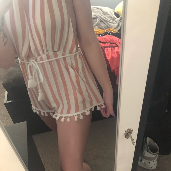 Striped Backless Salmon and White Romper - Picture 2 of 4